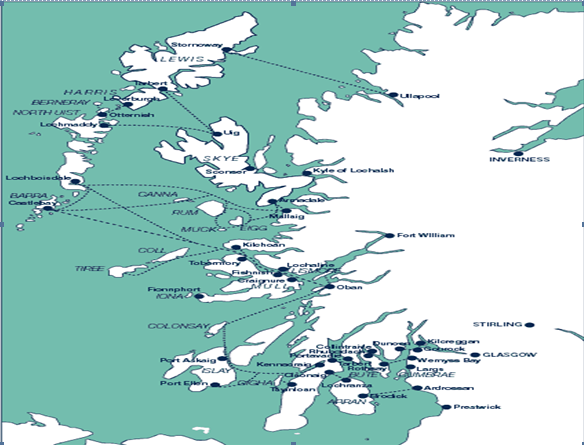 Map of Scotland showing route network of ferry services provided by Caledonian MacBrayne in the Clyde and Hebrides.