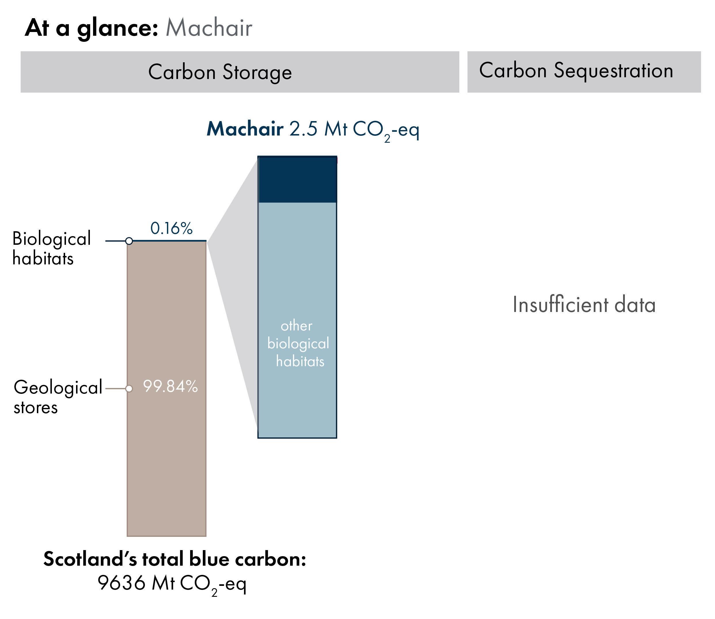 Bar charts showing the proportion of Scotland's blue carbon which is in geological stores (99.84%) versus carbon in biological habitats and species (0.16%). Inset bar chart shows the proportion of carbon in biological habitats which is sand dune carbon storage (2.5 megatonnes of carbon dioxide equivalent).