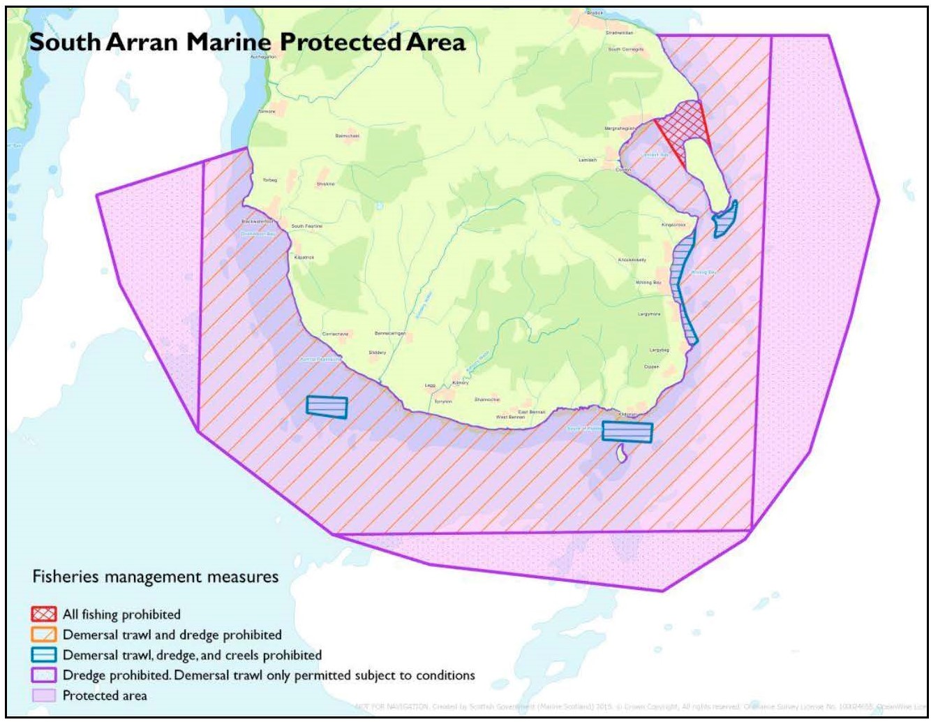 Map of South Arran Marine Protected Area, showing regions where all fishing is prohibited, demsersal trawl and dredging is prohibited, demersal, dredge and creels prohibited, dredge prohibited and demersal trawl only permitted subject to conditions.