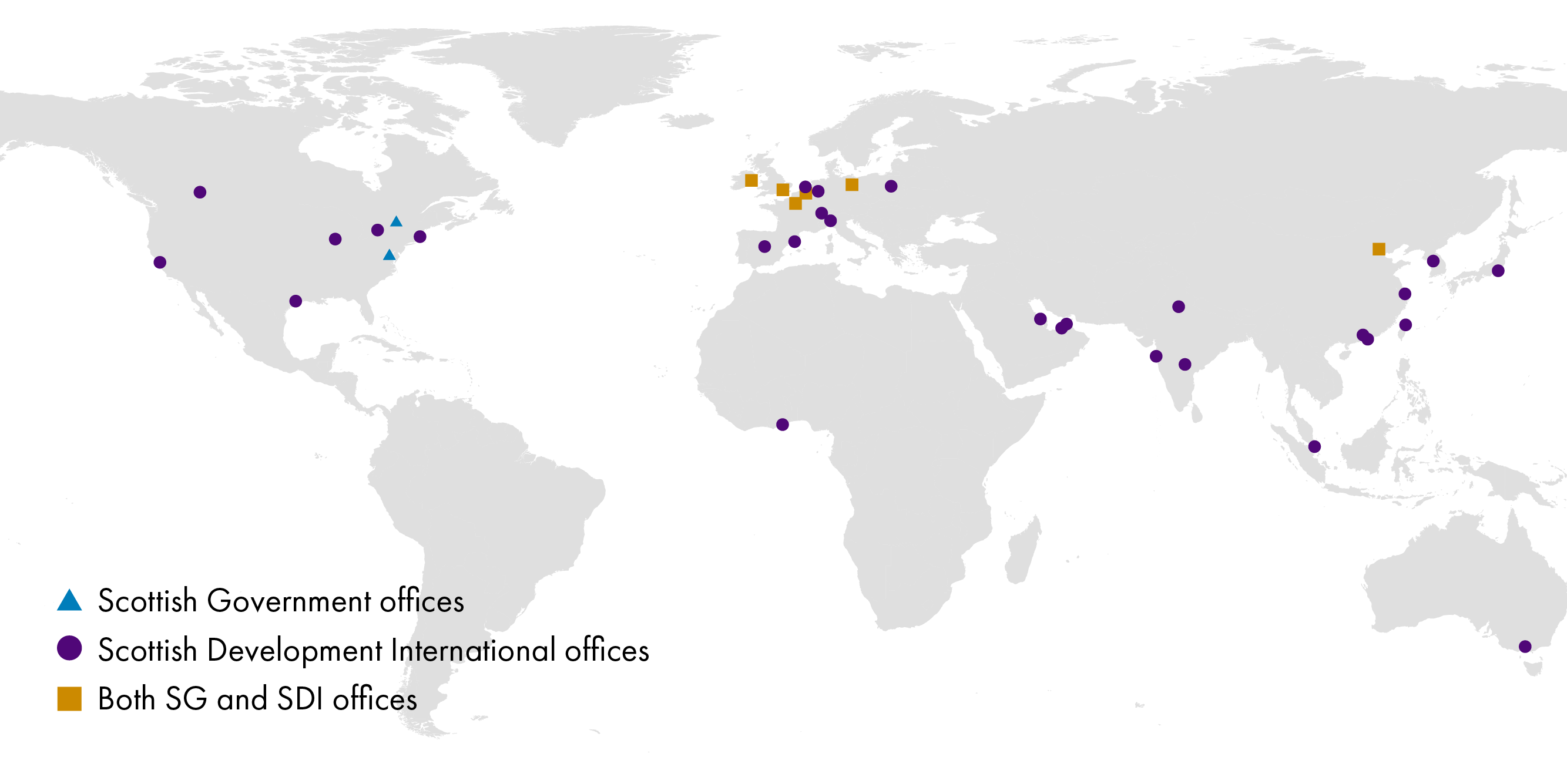 This map shows the location of the Scottish Government's 8 international offices and Scottish Development International's 34 international offices.