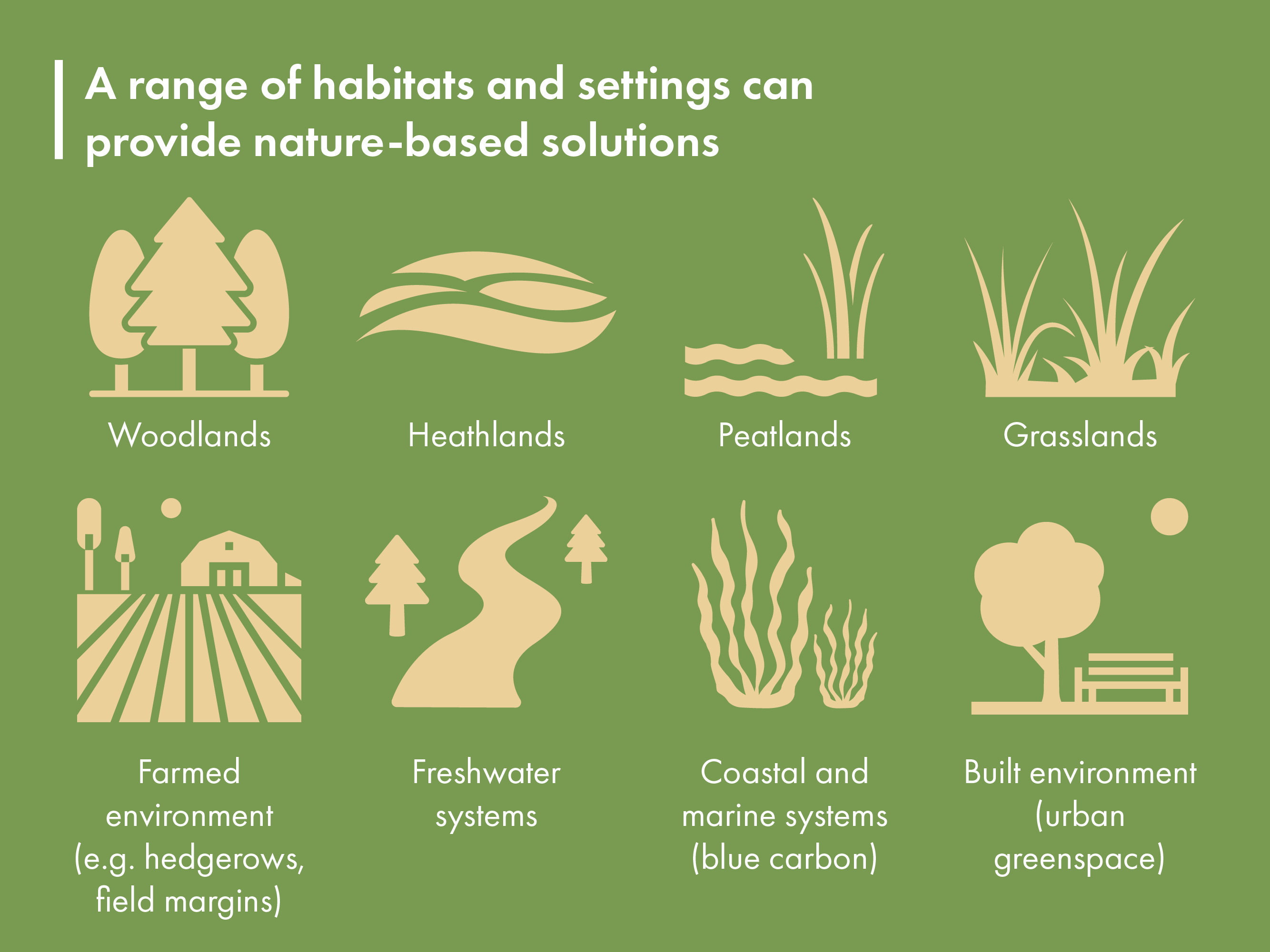A range of habitats and settings can provide nature-based solutions. These include woodlands, heathlands, peatlands, grasslands, farmed environments, for example through hedgerows and field margins, freshwater systems, coastal and marine systems and urban greenspaces.