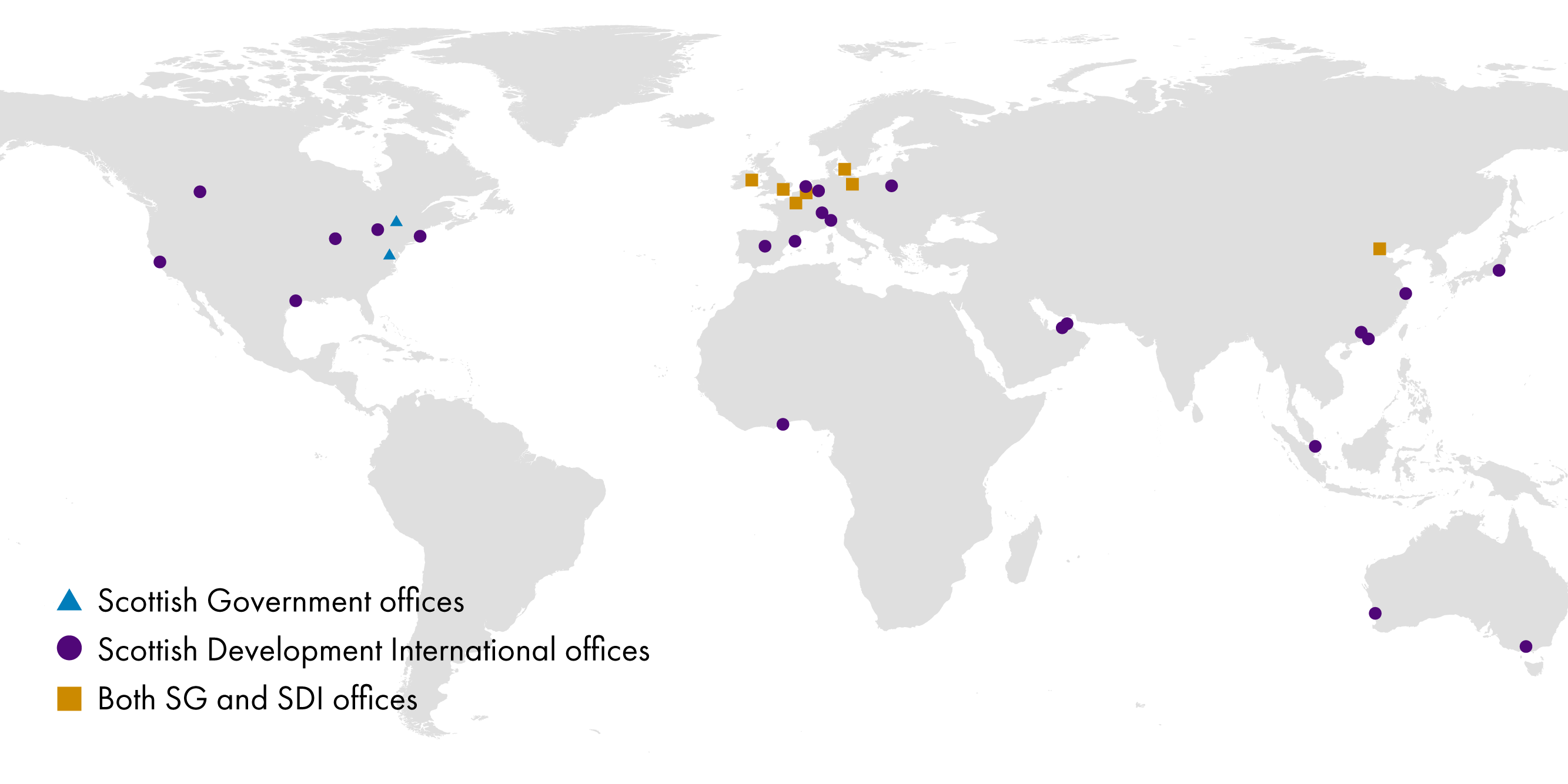 A map showing the locations of the current Scottish Government and Scottish Development international offices.
