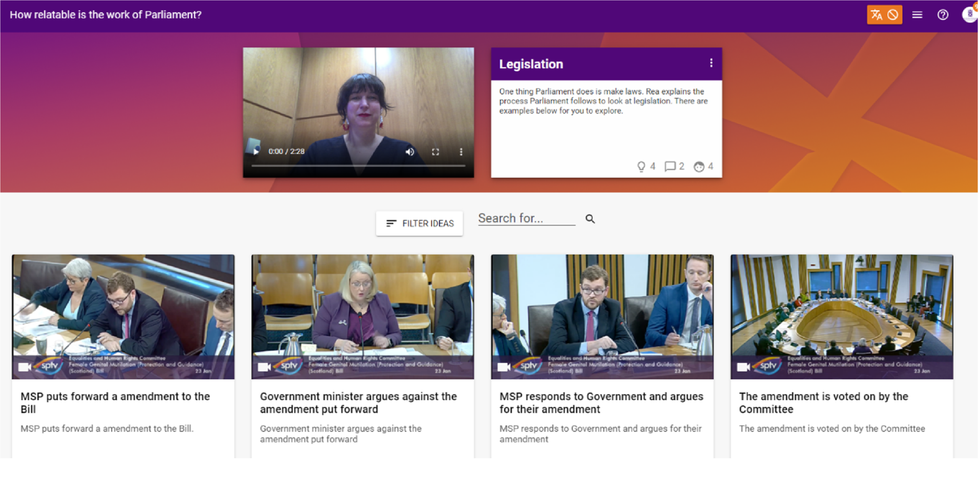 A screenshot of a website with links to videos and information about Parliamentary processes. Text on website reads: "One thing Parliament does is make laws. Rea explains the process Parliament follows to look at legislation. There are examples below for you to explore." The examples include: MSP puts forward a amendment to the Bill; Government minister argues against the amendment put forward; MSP responds to Government and argues for their amendment; and The amendment is voted on by the Committee.