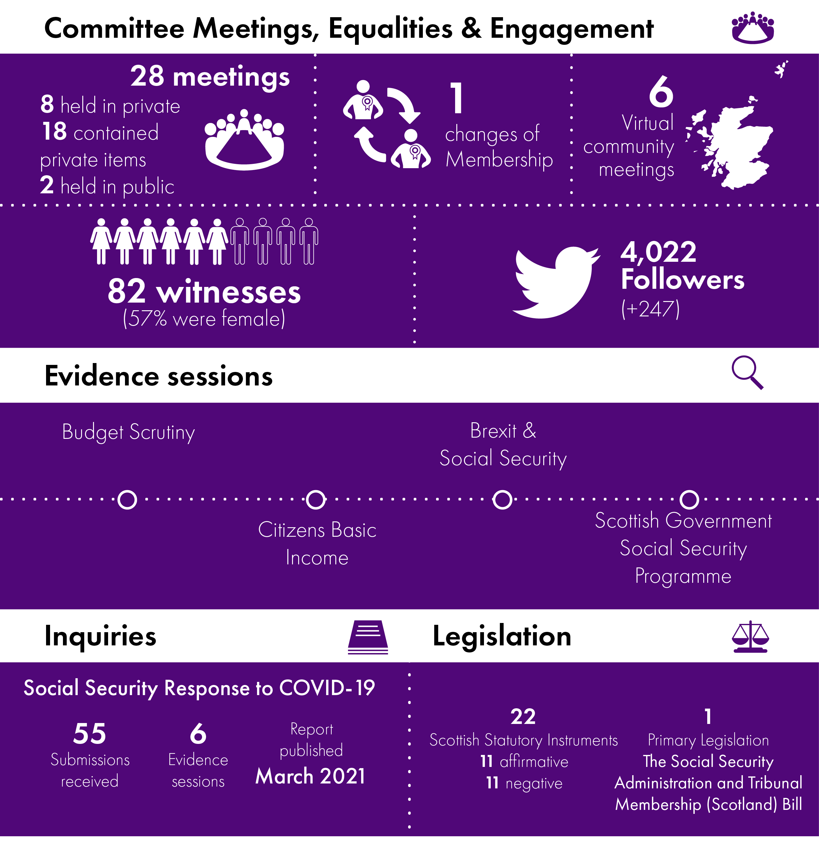 Infographic summarising the work of the Committee in 2020-21. Statistics are repeated through the report.